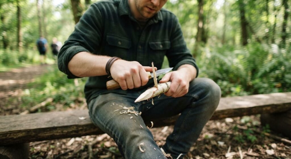 man sitting on a fallen tree, whittling a stick