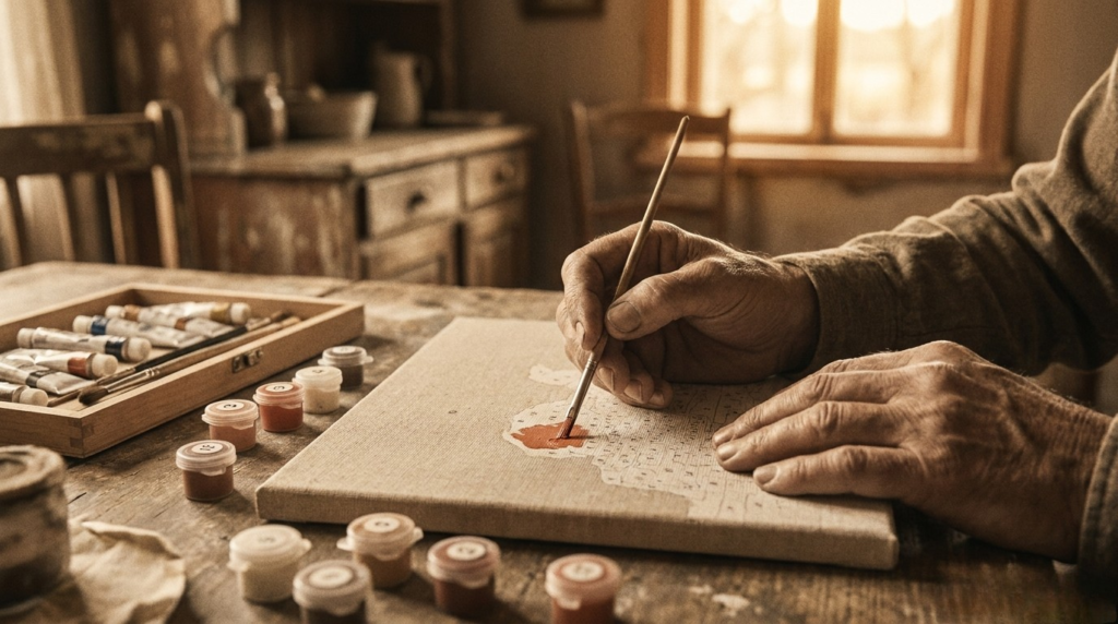 person working on a paint by number canvas surrounded by paints