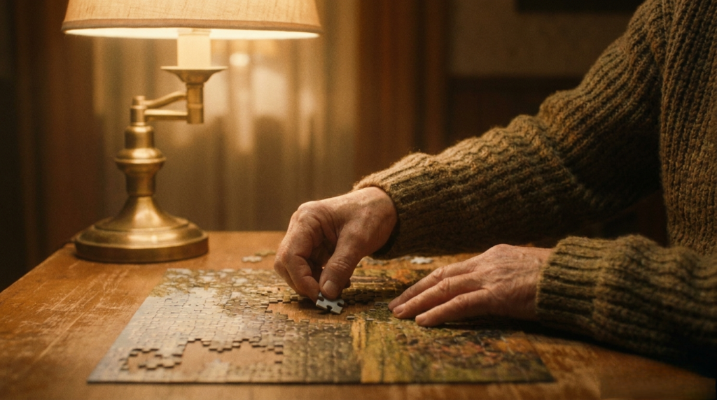 person in a sweater working on a jigsaw puzzle with a lamp nearby