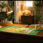 jigsaw puzzle on a sofa table with a mug, a lamp, a plant, and books