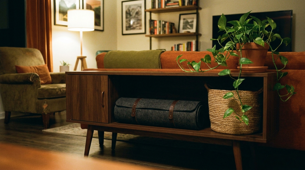 living room space with a couch, armchair, bookcase, TV, sofa table, plant, basket, and jigsaw puzzle mat rolled up and tucked into the sofa table shelf