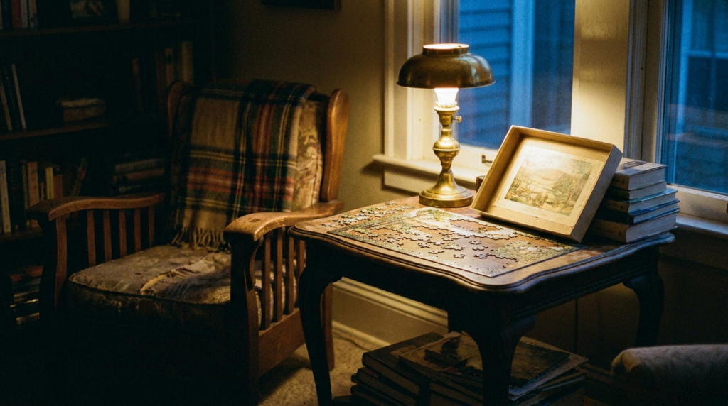 jigsaw puzzle on a side table with a stack of books, a lamp, and the puzzle box