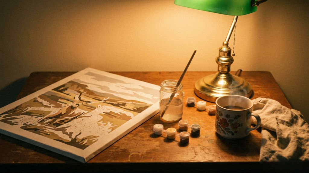 paint by number canvas on a table with paints, water, coffee cup, rags, and lamp