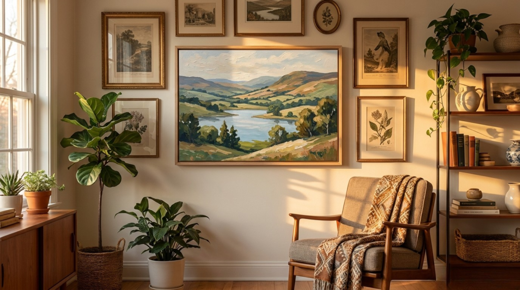 gallery wall in living room with various artwork and a large paint by number canvas. Chair with throw, bookcase and low cabinet with plants all around the room.