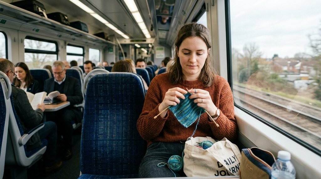 woman on a commuter train working on a small knitting project