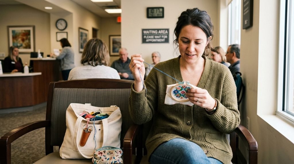 woman in a busy waiting room working on a small embroidery project