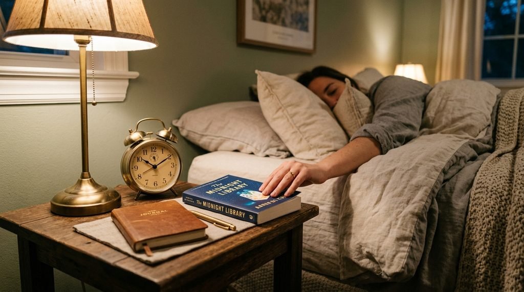 woman in bed reaching for a book, a journal, pen, lamp, and alarm clock on the bedside table