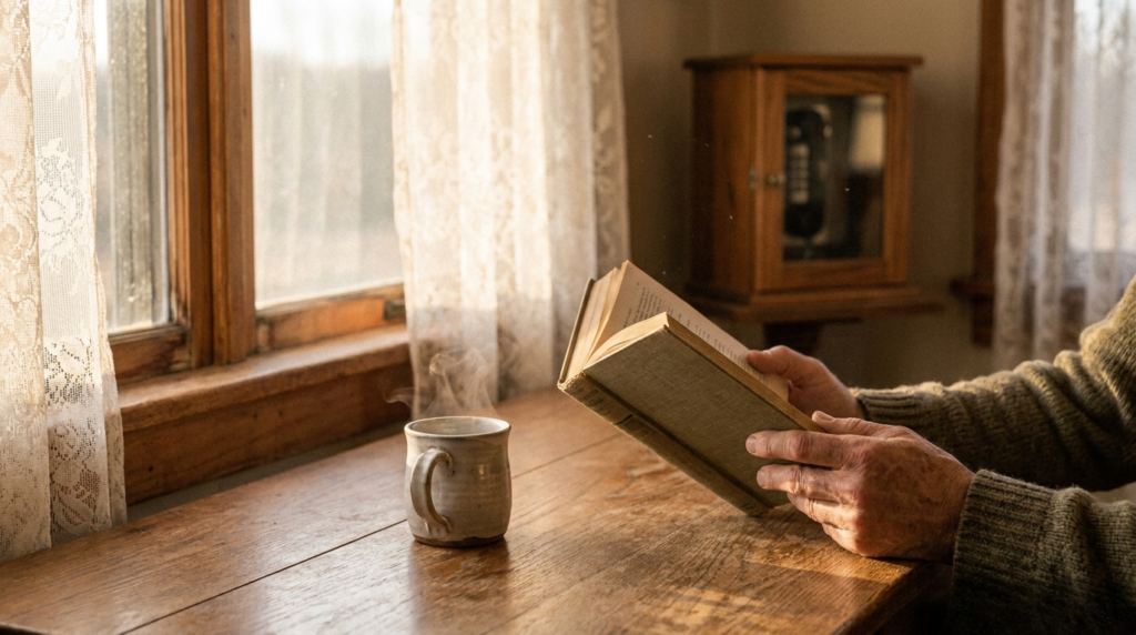 person reading a book at table under a window, mug nearby