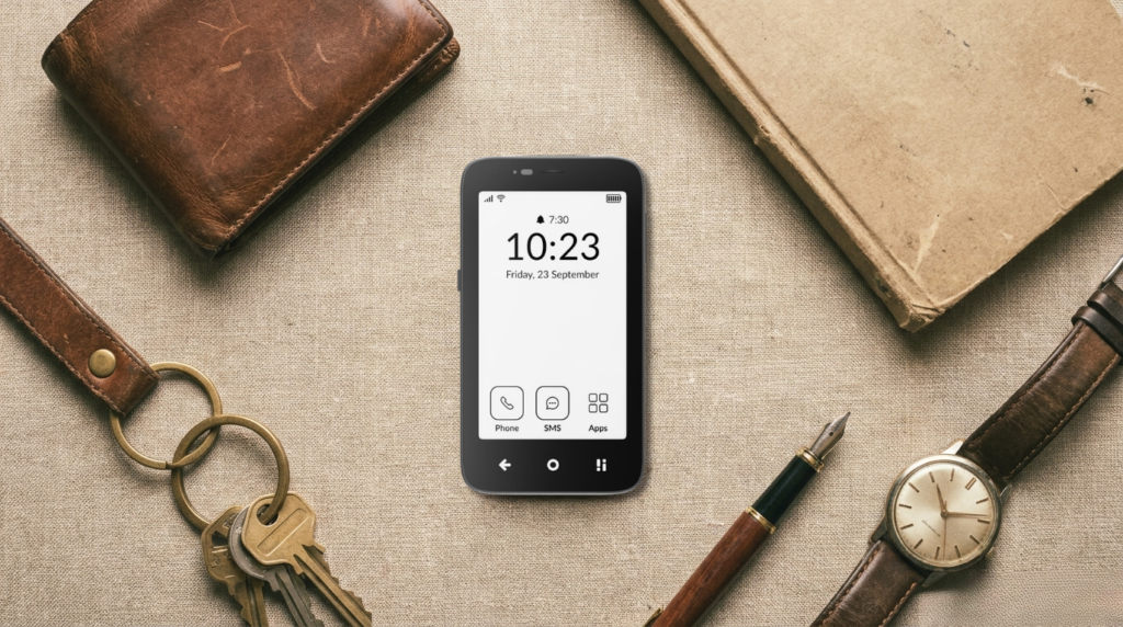 simple phone with grayscale screen sitting on a table with wallet, watch, keys, notebook, and pen