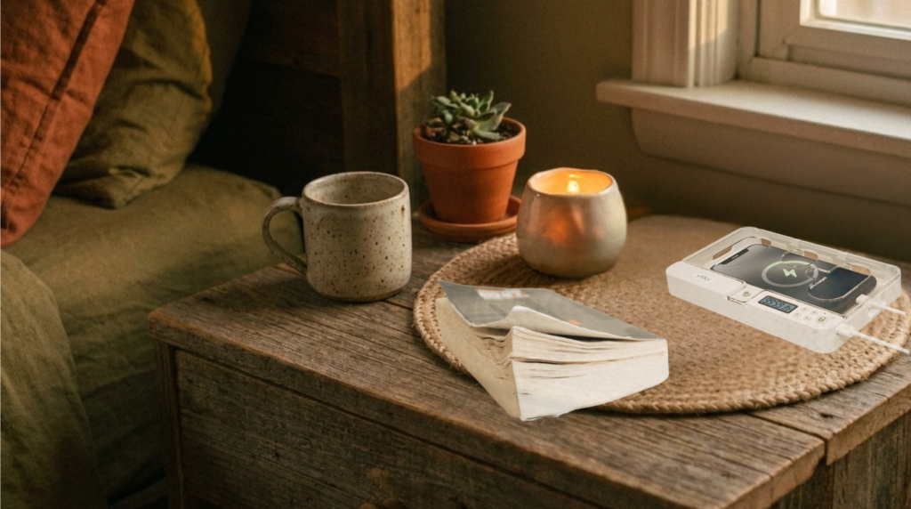 phone lockbox on a nightstand with a book, candle, plant, and mug
