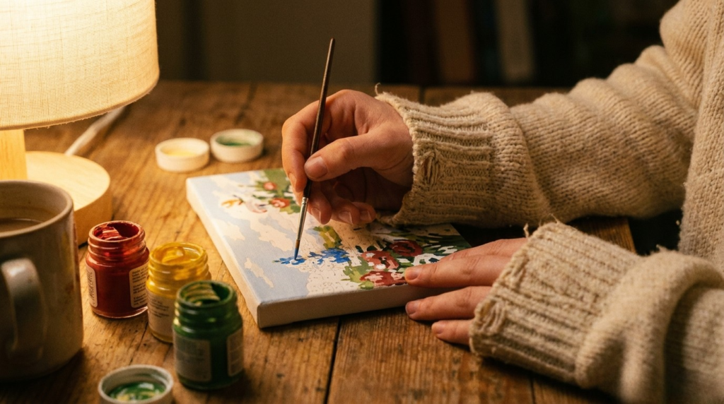 person working on a mini paint by numbers canvas surrounded by paints, mug, and lamp
