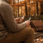 man sitting outside in a wooded area whittling
