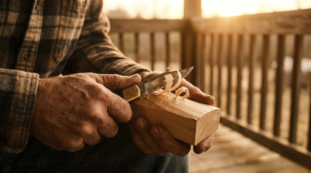 man whittling a block of wood while sitting on the porch