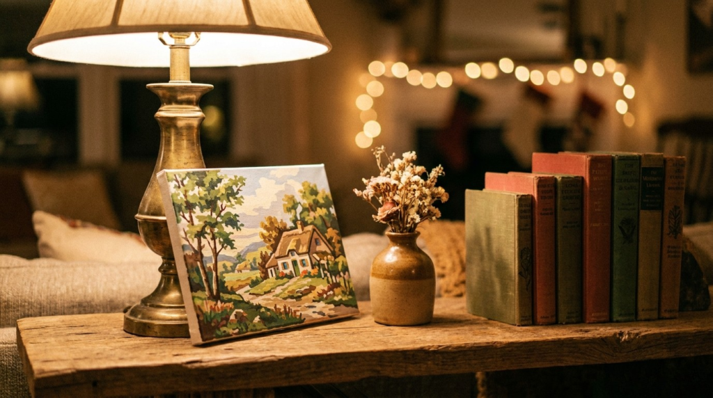 completed mini canvas propped on a lamp on a sofa table in cozy living room, jar with flowers and books nearby
